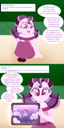 Size: 1000x2000 | Tagged: safe, artist:carouselunique, artist:honeycrisp-tales, oc, oc only, oc:primrose prime, comic:aria's archives, equestria girls, ask, clothes, comic, offspring, parent:oc:caliper cinch, parent:suri polomare, parents:canon x oc, skirt, solo, speech bubble, tablet, talking to viewer, tumblr, video game