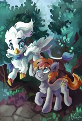 Size: 1920x2819 | Tagged: safe, artist:saxopi, oc, oc only, oc:gallant hymn, oc:silvia duskquill, earth pony, griffon, pony, female, flying, forest, male, stallion