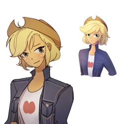 Size: 1500x1527 | Tagged: safe, artist:tcn1205, applejack, human, equestria girls, alternate hairstyle, clothes, cowboy hat, female, hat, jacket, redraw, shirt, short hair, simple background, solo, stetson