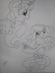 Size: 2448x3264 | Tagged: safe, artist:swivel starsong, oc, oc only, oc:parcly taxel, oc:swivel starsong, alicorn, genie pony, pegasus, pony, albumin flask, alicorn oc, bottle, female, genie, lineart, looking down, looking up, mare, monochrome, sitting, traditional art, wish