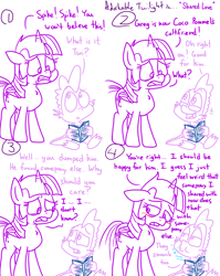 Size: 1280x1611 | Tagged: safe, artist:adorkabletwilightandfriends, spike, twilight sparkle, twilight sparkle (alicorn), alicorn, dragon, pony, comic:adorkable twilight and friends, adorkable, adorkable twilight, blushing, comic, confused, cute, dork, emotions, ex, feelings, gossip, implied coco pommel, implied oc, implied oc:greg, magazine, mixed emotions, mixed feelings, mixed reactions, reading, romance, sitting, slice of life