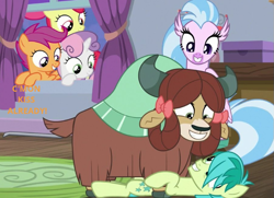 Size: 701x508 | Tagged: safe, edit, edited screencap, screencap, apple bloom, sandbar, scootaloo, silverstream, sweetie belle, yona, earth pony, hippogriff, pegasus, pony, unicorn, yak, school raze, bedroom, caption, cropped, cute, female, hair over one eye, hanging on, happy, in love, just kiss already, looking at each other, lying down, male, monkey swings, peeking, raised hoof, shipper on deck, shipping, straight, yonabar, yonadorable