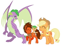 Size: 1024x746 | Tagged: safe, artist:lazbro64, derpibooru import, applejack, spike, oc, dracony, dragon, earth pony, hybrid, pony, applespike, baby, colt, family, female, interspecies offspring, male, mare, offspring, older, older spike, parent:applejack, parent:spike, parents:applespike, polyamory, shipping, straight, winged spike