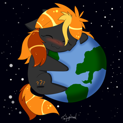 Size: 3000x3000 | Tagged: safe, artist:fajnyziomal, oc, oc:black hole, earth pony, pony, :3, black hole, black hole pony, blushing, cheek fluff, cute, earth, eyes closed, female, floppy ears, hug, mare, messier 87, ponified, pony bigger than a planet, smiling, solo, space, stars, this will end in death