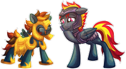 Size: 3651x1995 | Tagged: safe, artist:amura-of-jupiter, oc, oc only, oc:captain charcoal, oc:morning raindew mist, pegasus, pony, armor, awkward, clothes, cute, floppy ears, laughing, open mouth, outline, oversized armor, oversized clothes, similar, size difference, small wings, smiling, solo, stifling laughter, too big, wavy mouth, wings