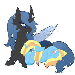 Size: 2024x2024 | Tagged: safe, artist:vitrei, oc, oc only, oc:queen lahmia, oc:skydreams, changeling, changeling queen, pony, unicorn, blue changeling, changeling oc, changeling queen oc, female, mare, snuggling