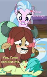 Size: 319x522 | Tagged: safe, edit, edited screencap, screencap, sandbar, silverstream, yona, hippogriff, pony, yak, school raze, bedroom, blush sticker, blushing, bow, caption, chat, cloven hooves, cropped, female, hair bow, hair over one eye, happy, just kiss already, looking at each other, lying down, male, monkey swings, shipper on deck, shipping, straight, trio, yonabar