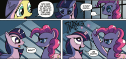 Size: 1171x552 | Tagged: safe, artist:andypriceart, idw, fluttershy, pinkie pie, twilight sparkle, twilight sparkle (alicorn), alicorn, earth pony, pegasus, pony, reflections, spoiler:comic, spoiler:comic18, comic, cropped, female, horn flick, mare, official comic, speech bubble