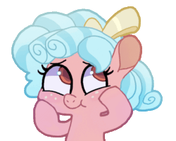 Size: 700x564 | Tagged: safe, artist:swerve-art, cozy glow, pegasus, pony, :t, animated, bust, cheek squish, colored pupils, cozy glow is best facemaker, cozybetes, cute, face of evil, featured image, female, filly, foal, frame by frame, freckles, gif, golly, simple background, smiling, solo, squishy cheeks, transparent background, up to no good