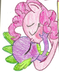 Size: 461x560 | Tagged: artist needed, safe, pinkie pie, spike, dragon, earth pony, pony, female, kissing, male, pinkiespike, shipping, straight, traditional art