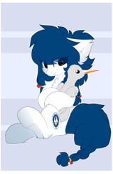 Size: 1752x2696 | Tagged: safe, artist:little-sketches, oc, oc only, oc:late winter, oc:louisiana, bird, earth pony, pony, unicorn, albino, blind, chest fluff, ear fluff, eye clipping through hair, female, heterochromia, magic, ponified, telekinesis, vanillaswirl6's state ponies, walking stick