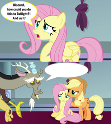 Size: 2000x2246 | Tagged: safe, edit, edited screencap, screencap, applejack, discord, fluttershy, draconequus, earth pony, pegasus, pony, the ending of the end, applejack is not amused, applejack's hat, beard, blank speech bubble, canterlot throne room, caption, comforting, comic, cowboy hat, crying, discord tries to defend himself, exploitable meme, eyebrows, facial hair, female, glare, grin, hat, image macro, male, mare, meme, meme template, nervous, nervous grin, screencap comic, sitting, smiling, speech bubble, teary eyes, text, unamused