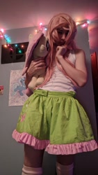 Size: 1512x2688 | Tagged: safe, artist:lilfluttertrap, fluttershy, human, clothes, cosplay, costume, crossdressing, crossplay, irl, irl human, male, photo, plushie, skirt, tanktop, trap