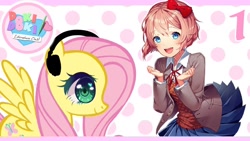 Size: 1280x720 | Tagged: safe, artist:vannamelon, fluttershy, human, pegasus, pony, clothes, doki doki literature club, headphones, sayori, thumbnail, vannamelon