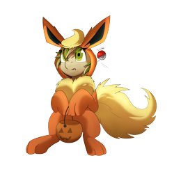 Size: 3118x3112 | Tagged: safe, artist:beardie, oc, oc:mint leaf, pony, clothes, costume, flareon, kigurumi, nightmare night costume, pokéball, pokémon, pumpkin bucket, simple background, transparent background