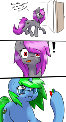 Size: 1111x2052 | Tagged: safe, artist:fluor1te, oc, oc:avocado pone, oc:fluorite, earth pony, pony, unicorn, comic, crayons, dialogue, eating, exclamation point, female, glasses, mare, open mouth, scrunchy face, simple background, surprised, white background