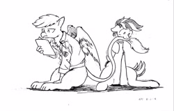 Size: 3211x2039 | Tagged: safe, artist:the-minuscule-task, oc, oc:feather cross, oc:spaz, griffon, pony, biting, bronycon, clipboard, emt, ink drawing, silly, sketch, tail, tail bite, traditional art