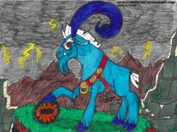 Size: 1280x958 | Tagged: safe, artist:artistnjc, grogar, the beginning of the end, antagonist, cloud, cloven hooves, colored pencil drawing, crystal ball, dark clouds, destroyed building, grogar's orb, lightning, looking offscreen, magic orb, male, marker drawing, mountain, mountain range, raised hoof, ram, red eyes, solo, traditional art