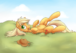 Size: 1920x1352 | Tagged: safe, artist:dfectivedvice, derpibooru exclusive, edit, applejack, earth pony, pony, belly button, colored, cute, dock, ear fluff, female, grass, horses doing horse things, jackabetes, loose hair, mare, on back, open mouth, rolling, smiling, solo