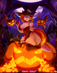 Size: 2457x3145 | Tagged: safe, artist:hakkids2, oc, oc:alter ego, anthro, earth pony, clothes, full moon, glasses, moon, night, pumpkin, stars, witch, ych result