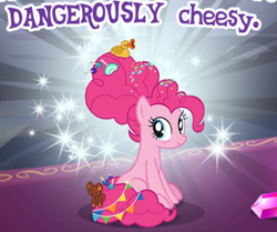 Size: 594x497 | Tagged: safe, pinkie pie, earth pony, pony, the last problem, dangerously cheesy, gameloft, implied cheese sandwich, meme, older, older pinkie pie, sitting, solo, wow! glimmer