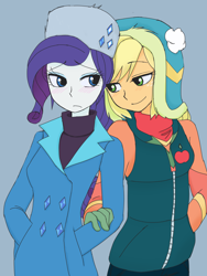 Size: 2448x3264 | Tagged: safe, artist:haibaratomoe, applejack, rarity, better together, equestria girls, holidays unwrapped, clothes, coat, female, lesbian, rarijack, shipping, simple background, smiling