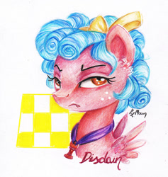 Size: 1024x1078 | Tagged: safe, artist:lailyren, artist:moonlight-ki, cozy glow, pegasus, pony, bow, bust, female, filly, lidded eyes, looking at you, portrait, solo, spread wings, three quarter view, traditional art, wings