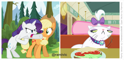 Size: 5478x2678 | Tagged: safe, artist:cheezedoodle96, artist:ramivic, applejack, opalescence, pinkie pie, rarity, earth pony, pony, unicorn, angry, backdrop, cheese, diner, food, forest, hat, lettuce, meme, sandwich, show accurate, sneer, tomato, vector, woman yelling at a cat