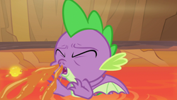 Size: 1280x720 | Tagged: safe, screencap, spike, dragon, sweet and smoky, eyes closed, lava, male, sneezing, solo, winged spike