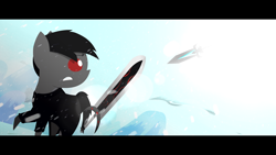 Size: 2666x1500 | Tagged: safe, artist:darksoma, oc, oc only, oc:darksoma, pony, blade of fate, blizzard, cinematic, cinematic bars, exclusive, fight, lens flare, red eyes, snow, snowfall, snowy wasteland, solo, spear, species:darksider, sword, the darksiders, void crystal, weapon