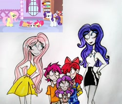 Size: 3101x2645 | Tagged: safe, artist:citi, screencap, apple bloom, fluttershy, rarity, scootaloo, sweetie belle, human, stare master, cutie mark crusaders, humanized, scene interpretation, screencap reference, traditional art