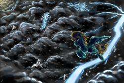 Size: 3500x2333 | Tagged: safe, artist:com3tfire, lightning dust, pegasus, pony, cloud, crepuscular rays, female, flying, lightning, mare, mountain, snow, solo, storm, thunderstorm