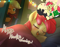 Size: 2800x2200 | Tagged: safe, artist:renokim, apple bloom, applejack, alicorn, earth pony, pony, adorabloom, alicornified, bed, blanket, bloomicorn, christmas, cute, dream, drool, duo, eyes closed, female, filly, holiday, hoof hold, mare, one eye closed, open mouth, pillow, present, race swap, sleeping, thought bubble