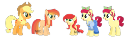 Size: 1600x469 | Tagged: safe, artist:mic-draws, artist:selenaede, artist:strawberry-spritz, derpibooru import, applejack, torque wrench, oc, oc:rosie, oc:strawberry, earth pony, pony, rainbow roadtrip, apple wrench, base used, blank flank, clothes, female, filly, freckles, lesbian, magical lesbian spawn, mare, offspring, open mouth, overalls, parent:applejack, parent:torque wrench, parents:apple wrench, rainbowverse, raised hoof, shipping, shirt, simple background, transparent background