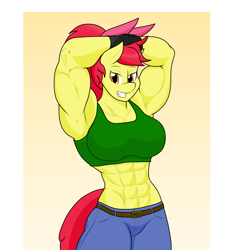 Size: 1440x1588 | Tagged: safe, artist:matchstickman, apple bloom, anthro, earth pony, abs, apple bloomed, apple brawn, armpits, biceps, breasts, clothes, female, fingerless gloves, gloves, looking at you, matchstickman's apple brawn series, muscles, older, older apple bloom, pants, simple background, solo, sports bra, triceps