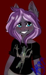 Size: 540x884 | Tagged: safe, artist:diethtwoo, oc, oc:luscious dreams, alien, anthro, pegasus, alien (franchise), anthro oc, blue eyes, blushing, clothes, female, grin, mare, purple hair, shirt, smiling, solo, xenomorph