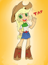 Size: 900x1200 | Tagged: safe, artist:chaosmalefic, applejack, equestria girls, beautiful, belt, boots, clothes, cowboy boots, cowboy hat, cowgirl, cute, denim skirt, female, freckles, gradient background, green eyes, hat, jackabetes, looking at you, miniskirt, panty and stocking with garterbelt, shoes, skirt, smiling, stetson, style emulation, yellow hair