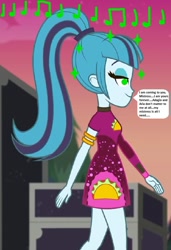 Size: 625x915 | Tagged: safe, edit, edited screencap, editor:thomasfan45, screencap, sonata dusk, better together, equestria girls, sunset's backstage pass!, 1000 hours in ms paint, armlet, clothes, cropped, cute, dazed, description is relevant, disguise, disguised siren, dress, entranced, female, hypno eyes, hypnosis, hypnotic music, hypnotized, implied adagio dazzle, implied aria blaze, legs, lidded eyes, magic, mind control, mistress, music notes, ponytail, side view, solo, speech bubble, story included, taco dress, walking