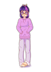 Size: 2480x3507 | Tagged: safe, alternate version, artist:artyfour, twilight sparkle, human, barefoot, candy, clothes, feet, female, food, full body, glasses, hands in pockets, hoodie, humanized, lollipop, looking at you, simple background, solo, sweater, white background