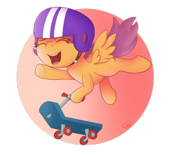 Size: 1200x1080 | Tagged: safe, artist:ponyxwright, scootaloo, pegasus, pony, abstract background, cute, cutealoo, female, filly, helmet, newbie artist training grounds, scooter, solo