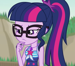 Size: 1233x1080 | Tagged: safe, screencap, sci-twi, twilight sparkle, better together, equestria girls, friendship math, beach, beach babe, clothes, cropped, cute, female, geode of telekinesis, glasses, magical geodes, ponytail, sleeveless, solo, swimsuit, thinking, twiabetes