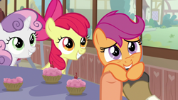 Size: 1280x720 | Tagged: safe, screencap, apple bloom, mane allgood, scootaloo, snap shutter, sweetie belle, earth pony, pegasus, pony, unicorn, the last crusade, cupcake, cute, cutealoo, cutie mark crusaders, food, holding a pony, holding hooves, holding ponies by hooves