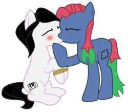 Size: 1280x1115 | Tagged: safe, artist:kalaverapastillera, oc, oc only, oc:blackthorn, oc:stiky keys, earth pony, pony, blushing, eyes closed, female, kissing, lesbian, mare, rope