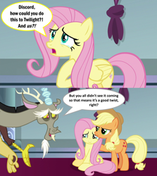 Size: 2000x2246 | Tagged: safe, edit, edited screencap, screencap, applejack, discord, fluttershy, earth pony, pegasus, pony, the ending of the end, canterlot throne room, caption, comic, crying, discord drama, discord tries to defend himself, exploitable meme, glare, image macro, meme, screencap comic, series finale drama, sheepish grin, speech bubble, text, what a twist