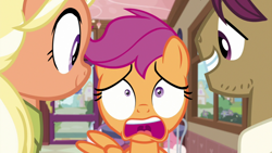 Size: 1920x1080 | Tagged: safe, screencap, mane allgood, scootaloo, snap shutter, earth pony, pegasus, pony, the last crusade, diner, shocked, shrunken pupils, varying degrees of want