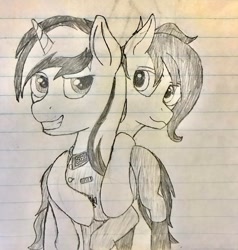 Size: 1920x2019 | Tagged: safe, artist:biergarten13, oc, pony, unicorn, couple, lined paper, monochrome, officer, traditional art, world war ii