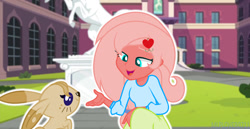 Size: 1280x659 | Tagged: safe, artist:mlplover0711, oc, oc only, oc:apple sprout, oc:caramel, rabbit, equestria girls, base used, canterlot high, duo, equestria girls-ified, female, hairclip, offspring, parent:big macintosh, parent:fluttershy, parents:fluttermac, pet oc