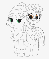 Size: 2215x2681 | Tagged: safe, artist:pabbley, cozy glow, maud pie, pegasus, pony, clothes, cozybetes, cute, duo, ear fluff, hat, maudabetes, partial color, simple background, white background, wrong eye color