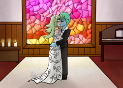 Size: 1400x1000 | Tagged: safe, artist:hoodwinkedtales, captain celaeno, oc, oc:azure glide, human, equestria girls, my little pony: the movie, altar, azurlaeno, candle, canon x oc, church, clothes, commission, dress, embrace, female, humanized, husband and wife, just married, kissing, love, male, marriage, married couple, piano, shipping, stained glass, suit, table, wedding, wedding dress