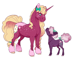 Size: 3280x2600 | Tagged: safe, artist:jackiebloom, oc, oc:ambrosia apple, oc:crystal corolla, earth pony, pony, unicorn, brother and sister, female, half-siblings, magical lesbian spawn, male, mare, offspring, parent:big macintosh, parent:cheerilee, parent:sugar belle, parents:sugarlee, parents:sugarmac, realistic horse legs, siblings, simple background, size difference, socks (coat marking), stallion, transgender, transparent background